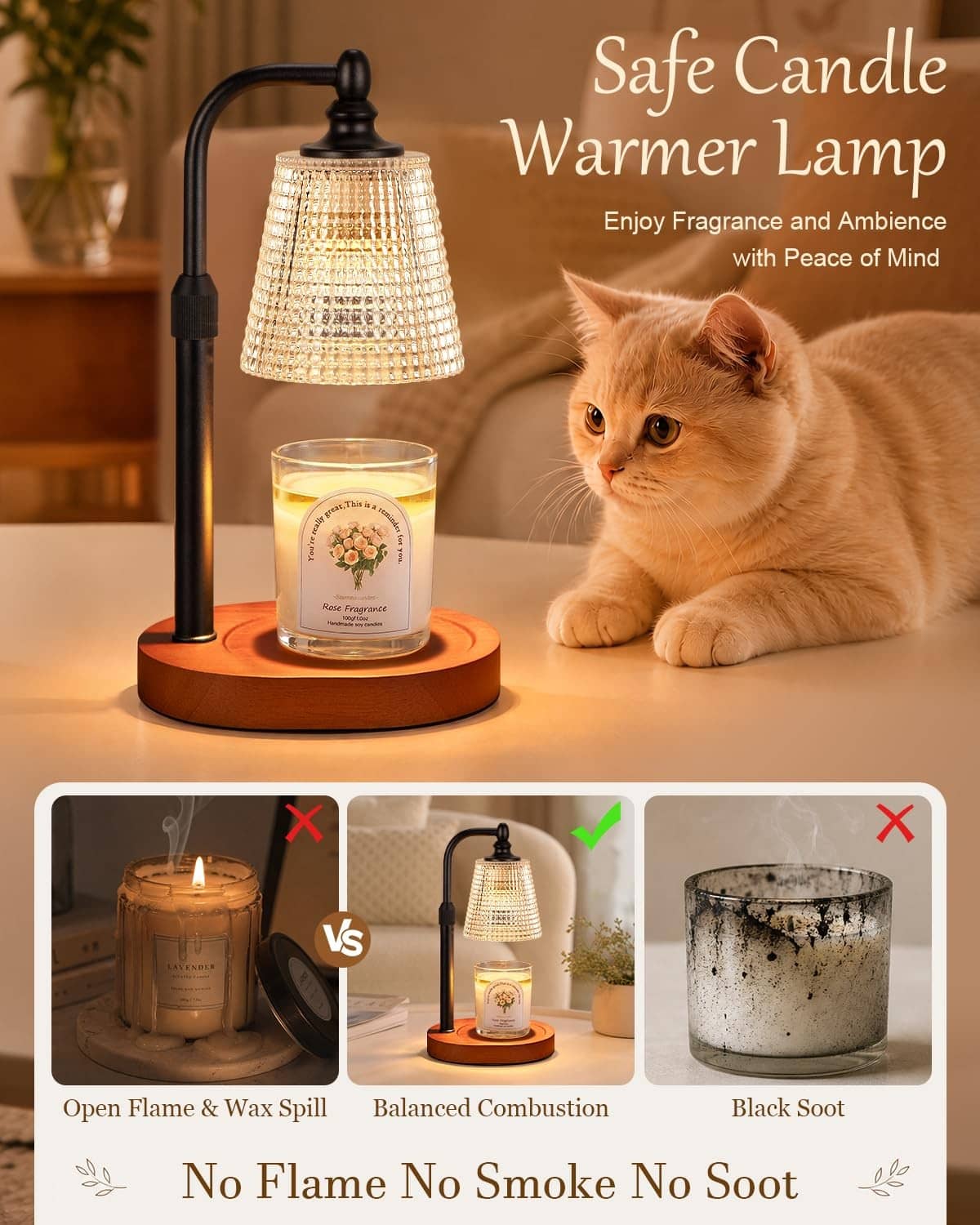 No-flame candle warmer lamp with black metal frame, lit jar candle on walnut base