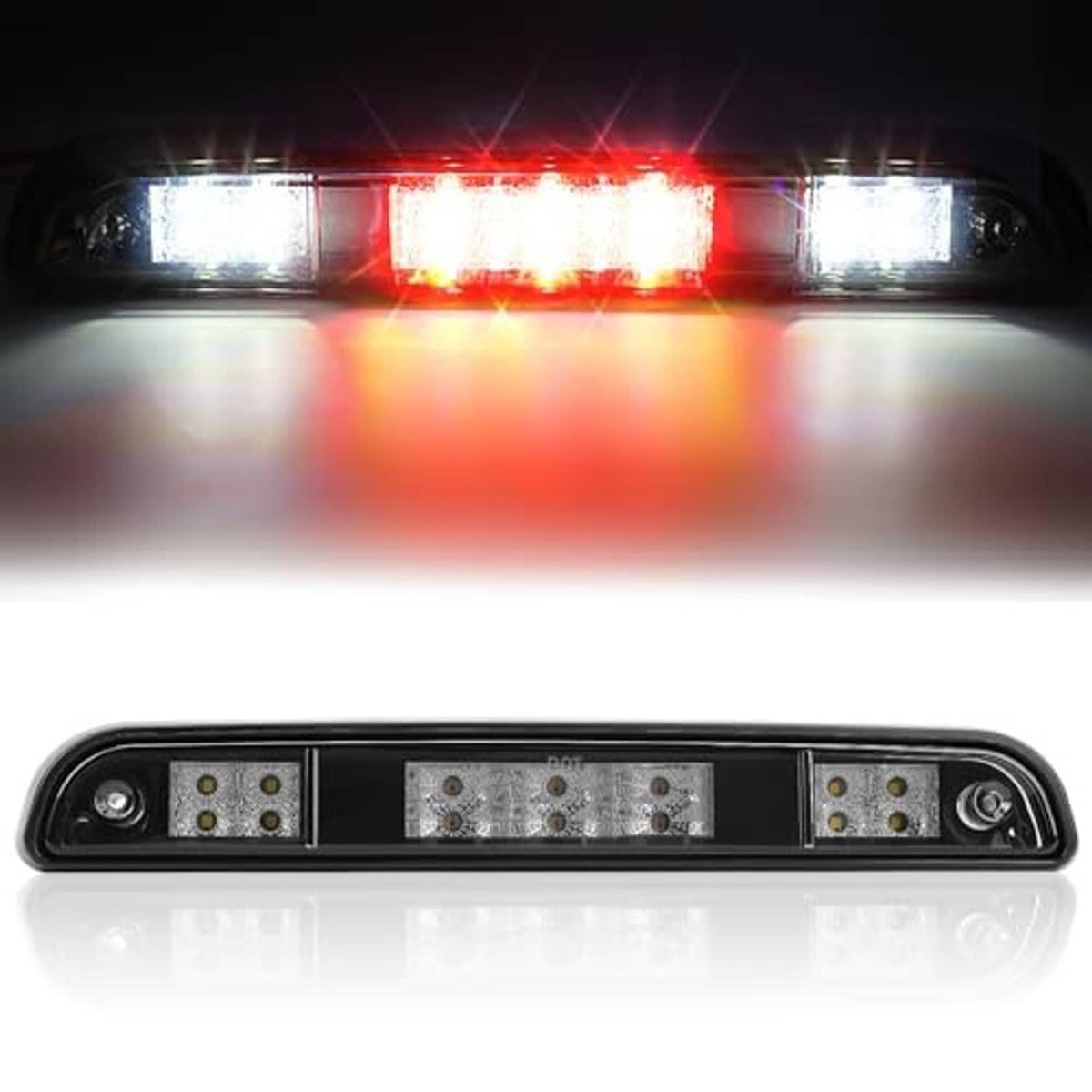 Third brake light bar, black housing with clear lens and central red LED strip.