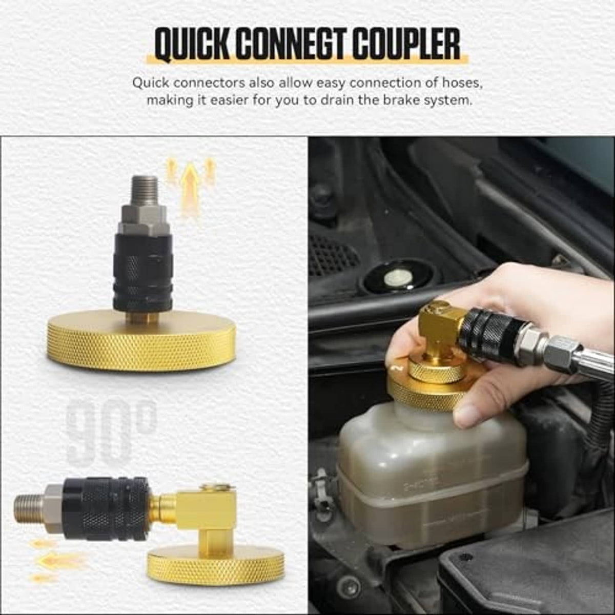 Brake bleeder quick-connect coupler with gold adapter and black hose fitting