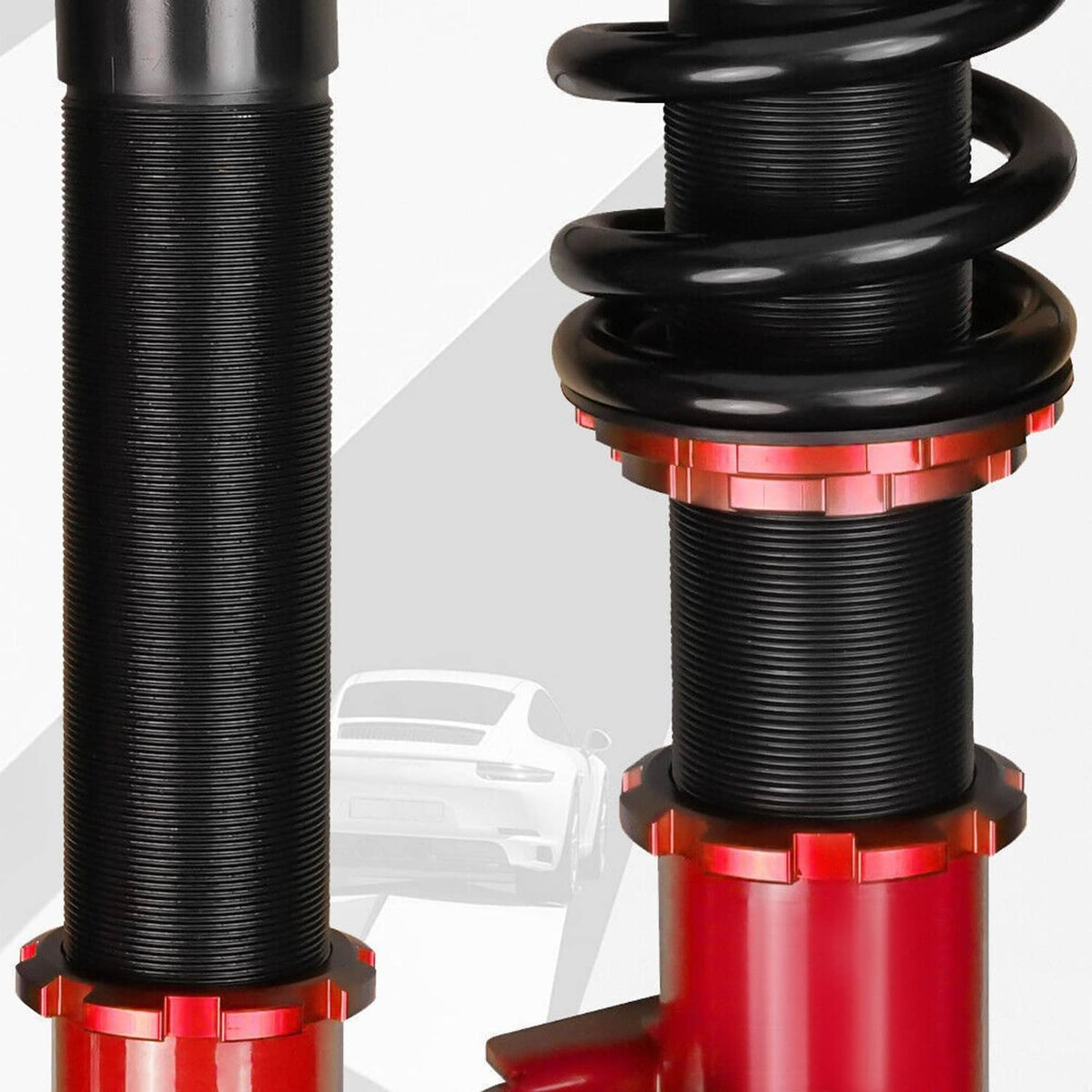 Close-up of adjustable coilover spring perch and red height collar ring
