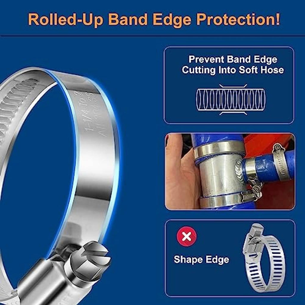 Rolled-up band edge protection on a stainless worm gear hose clamp to prevent cutting