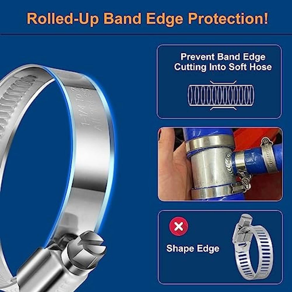 Rolled-up band edge protection on a stainless worm gear hose clamp to prevent cutting