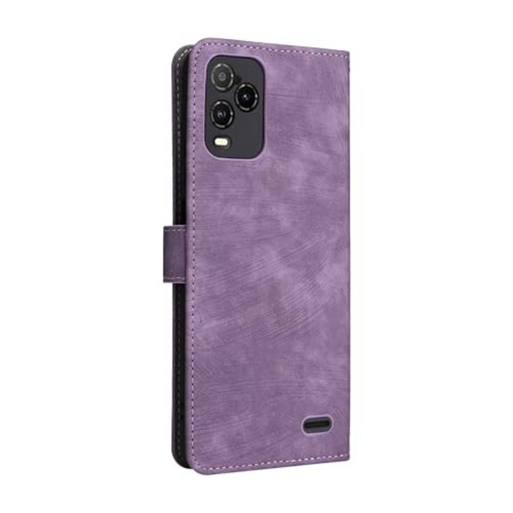 Purple leather-style wallet phone case with side button cutouts