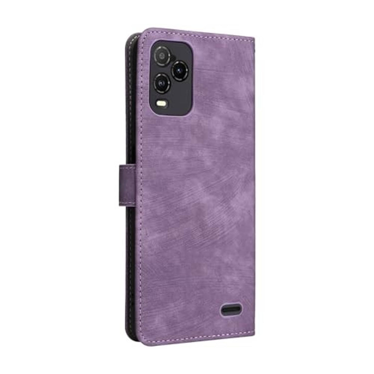 Purple leather-style wallet phone case with side button cutouts