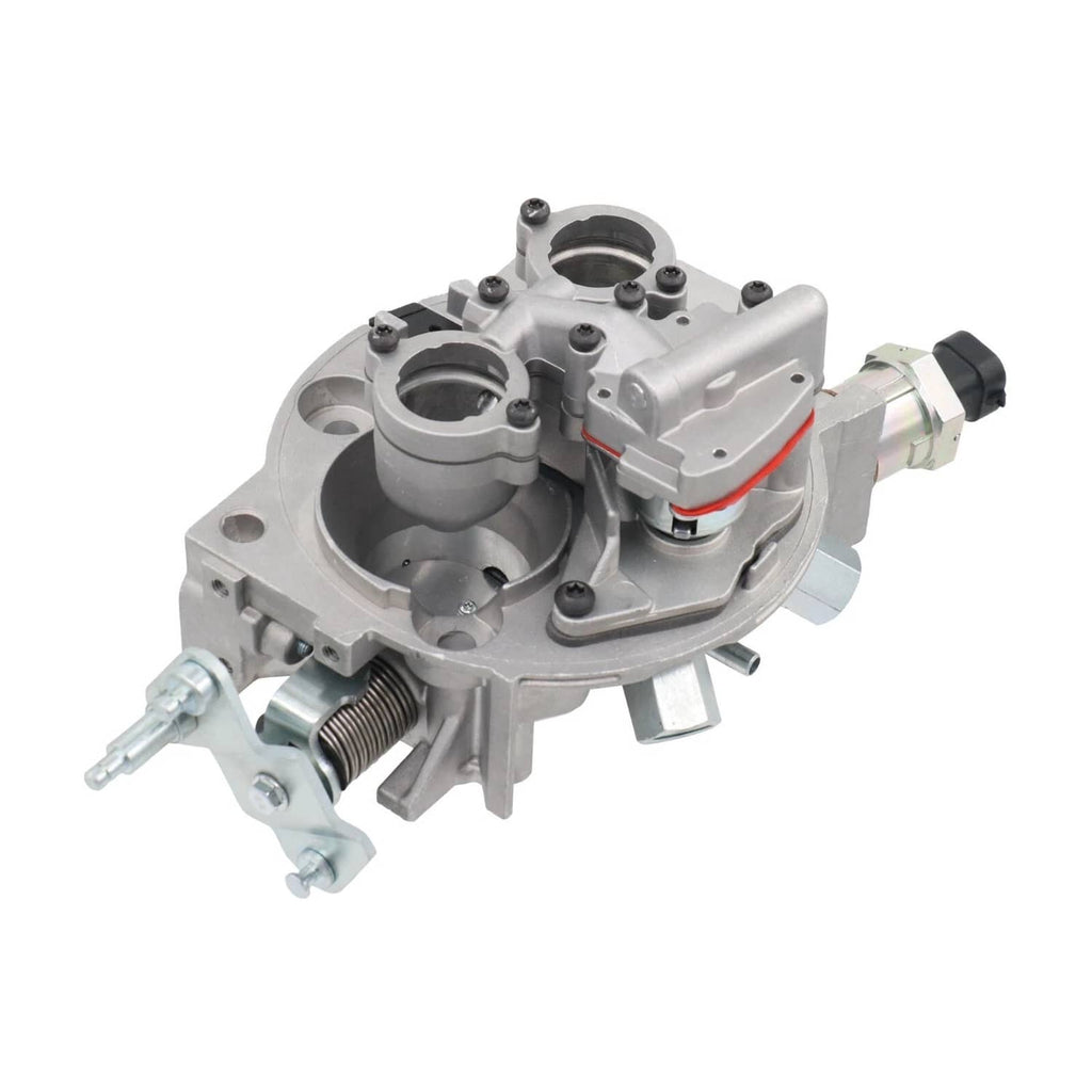 Throttle body with fuel injector assembly, three-quarter view with fuel line and connector