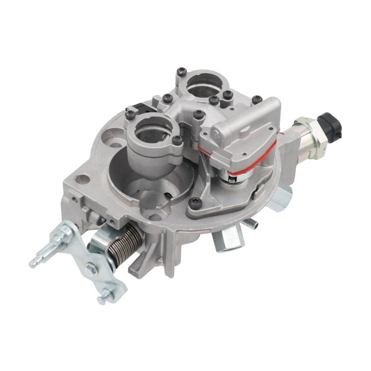 Throttle body with fuel injector assembly, three-quarter view with fuel line and connector
