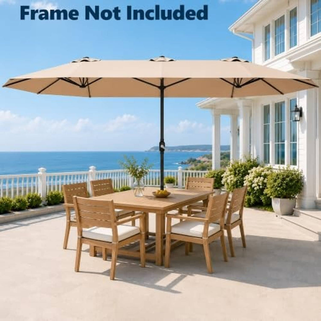 Beige replacement patio umbrella canopy over outdoor dining area