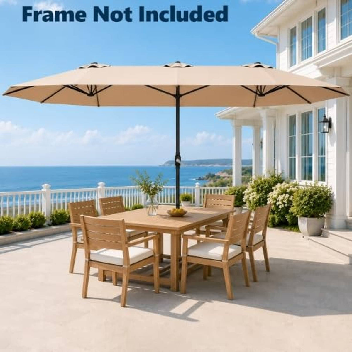 Beige replacement patio umbrella canopy over outdoor dining area