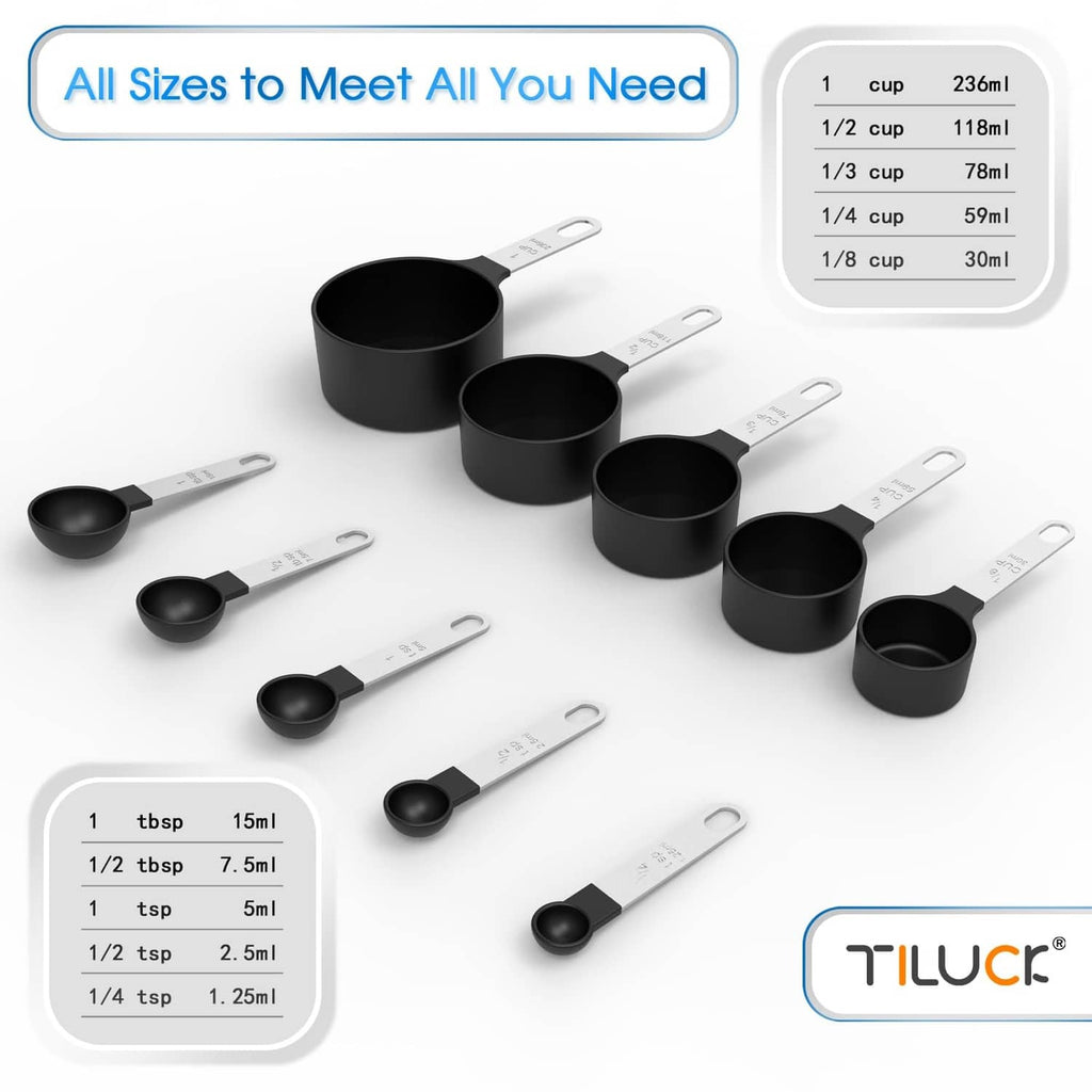 Black measuring cups and spoons set with spoon scoops and cup portions grouped