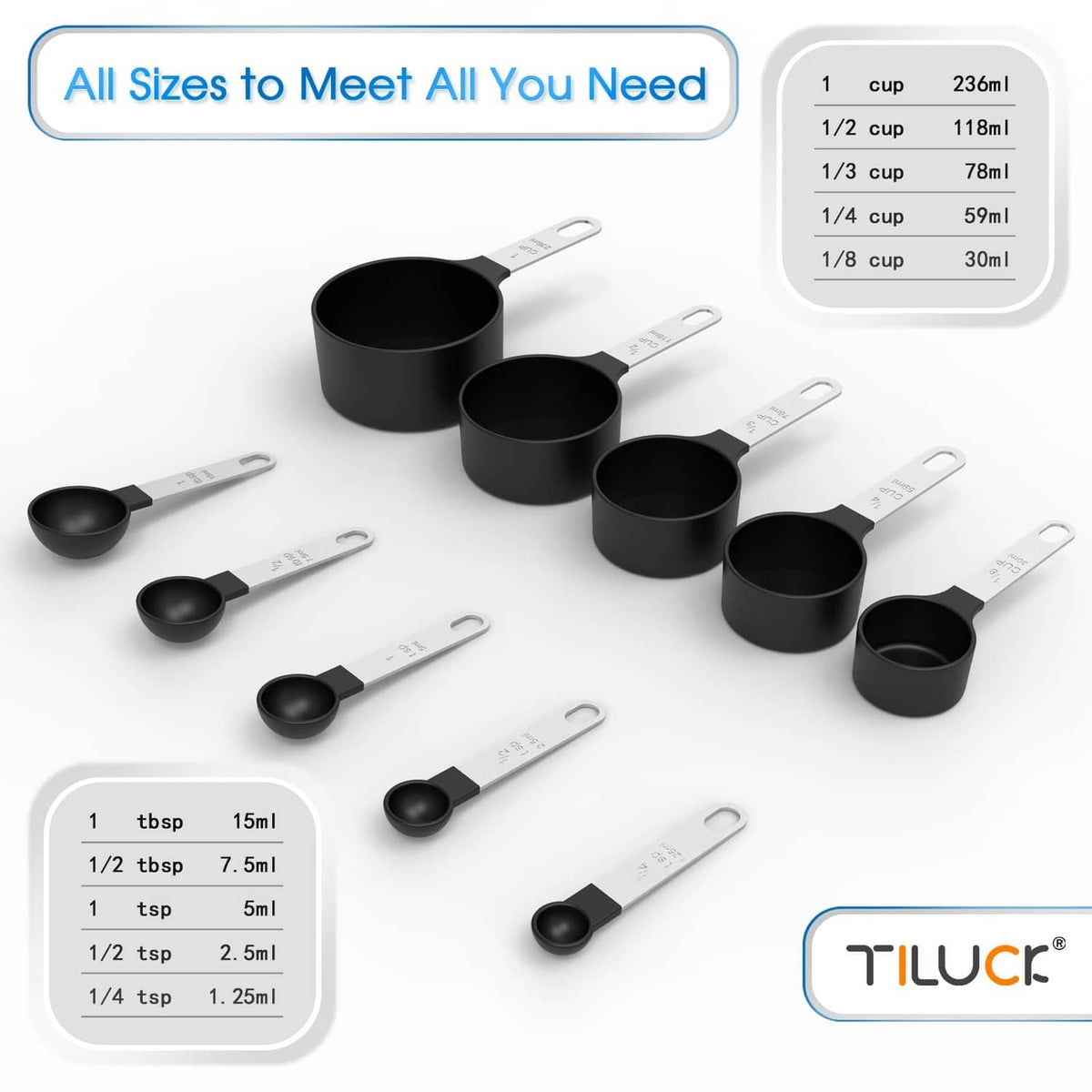 Black measuring cups and spoons set with spoon scoops and cup portions grouped