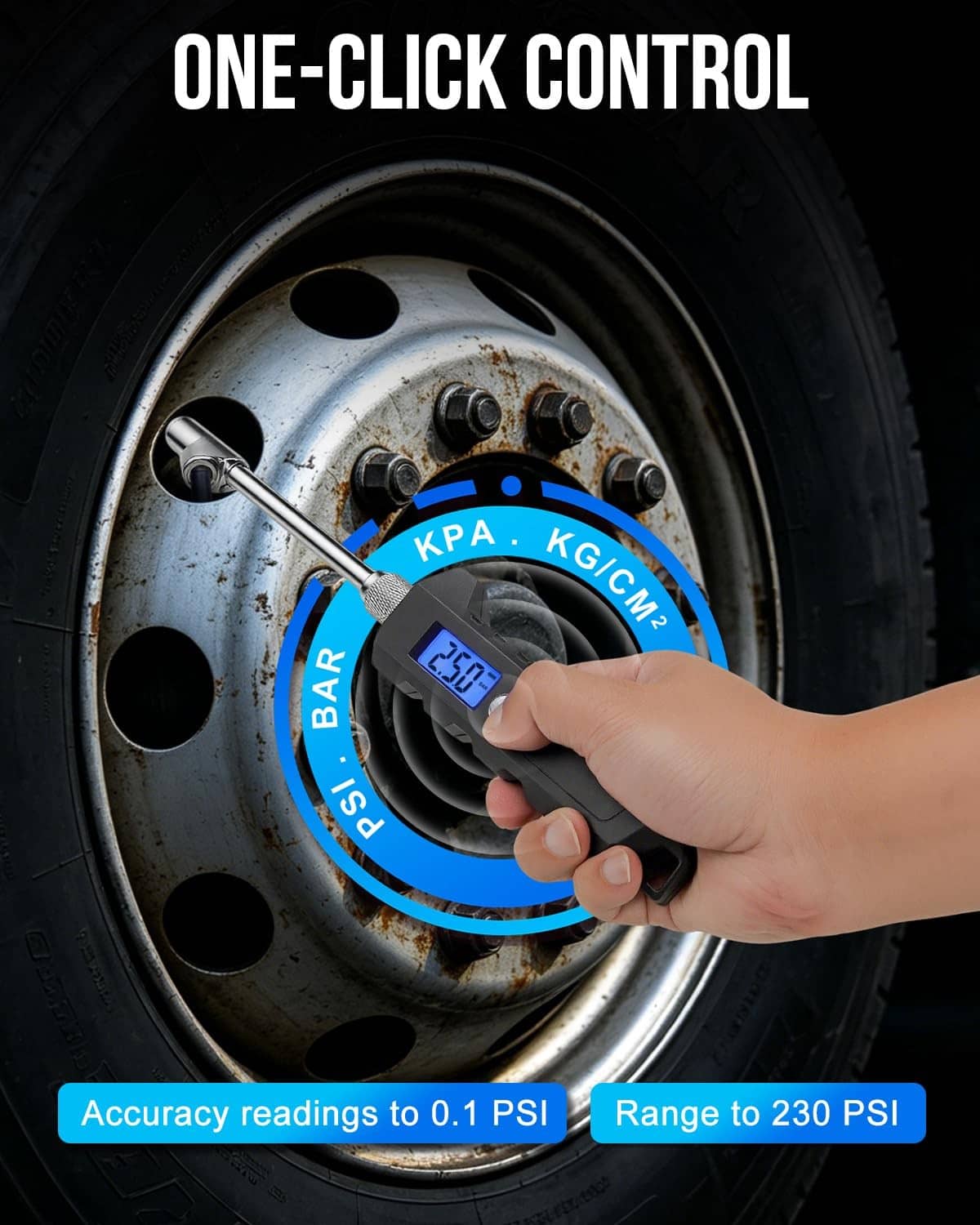 Black tire pressure gauge held to a wheel valve with blue LCD reading