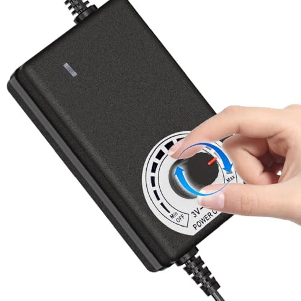 12V PWM fan hub controller with adjustment knob being turned by hand