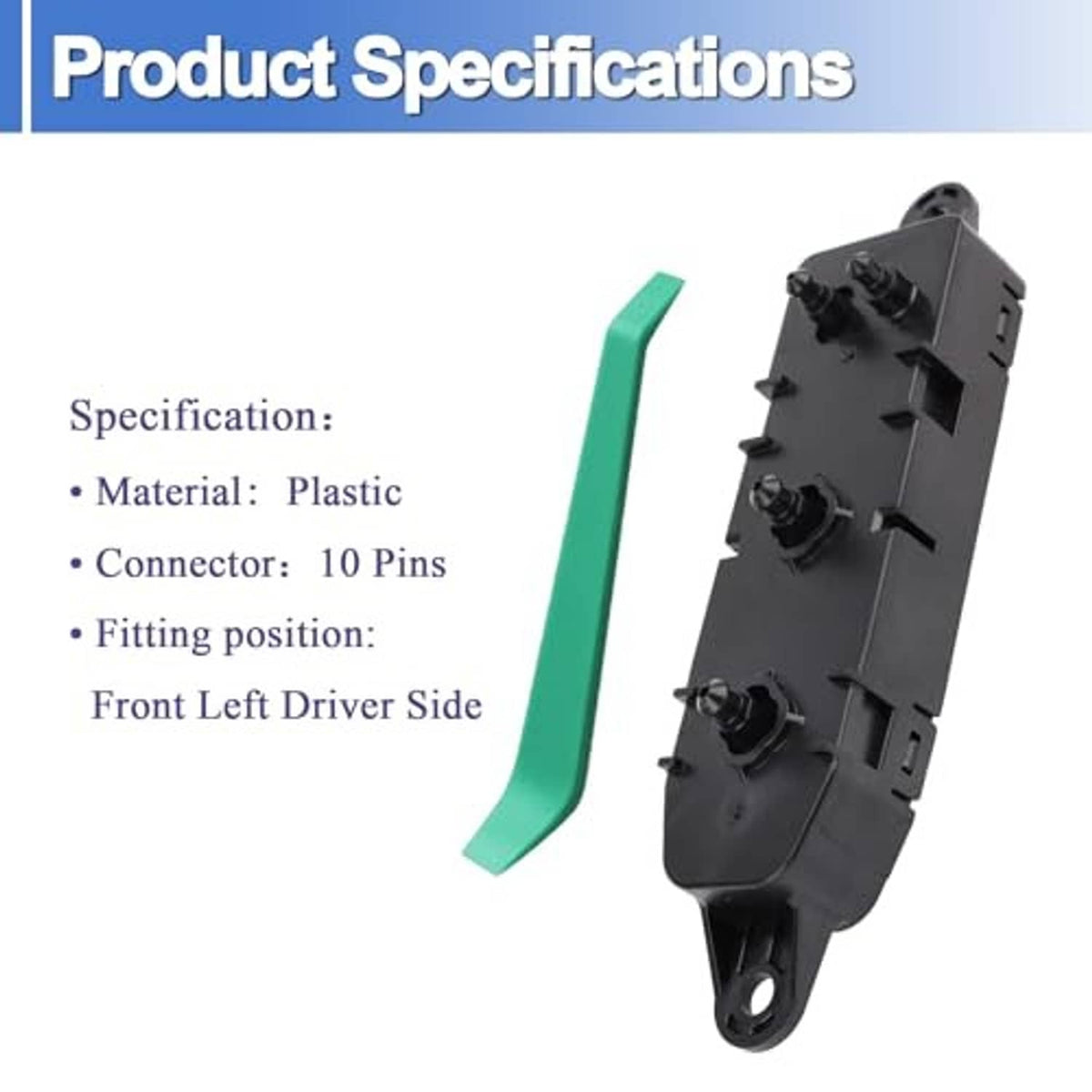 Power seat control switch, black plastic with 10-pin connector, front left driver side