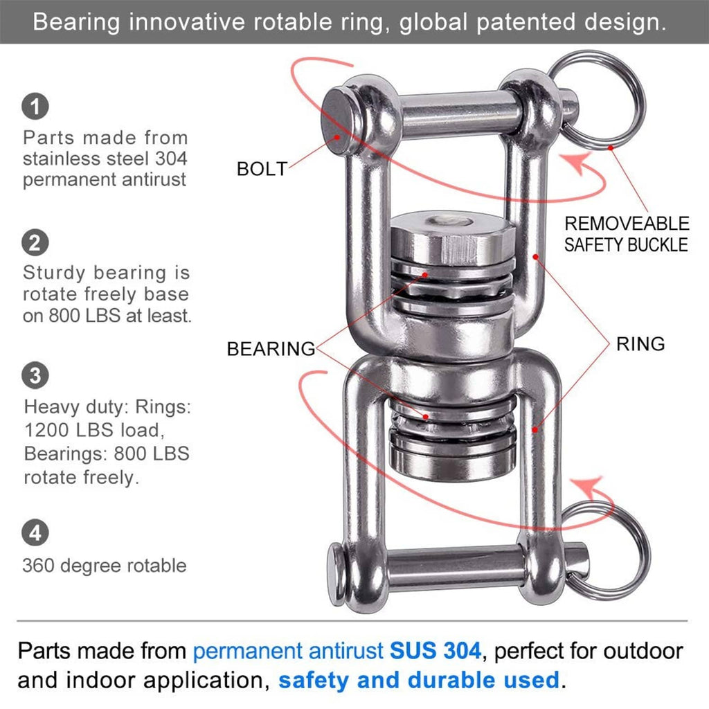 Stainless steel dual hanging ring hammock hanger with swivel bearing base and bolt