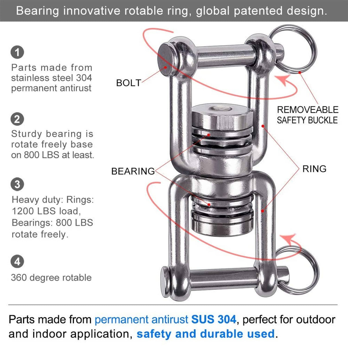Stainless steel dual hanging ring hammock hanger with swivel bearing base and bolt