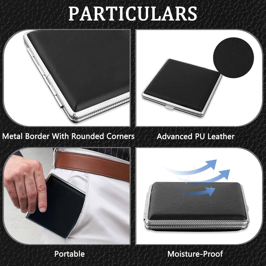 Black leather cigarette case with silver metal border, rounded corners and hinge closure