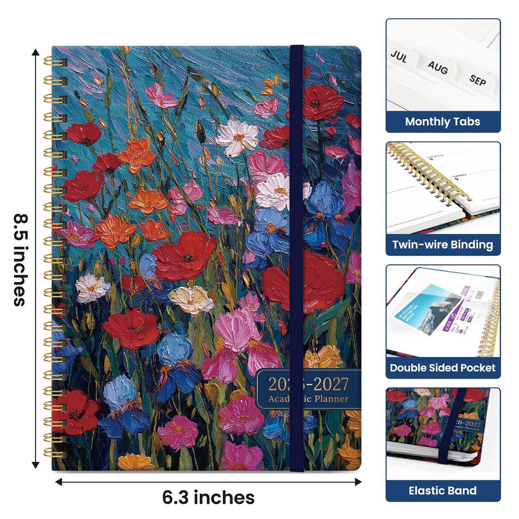6.3-inch academic planner with floral cover, gold twin-wire binding and elastic band