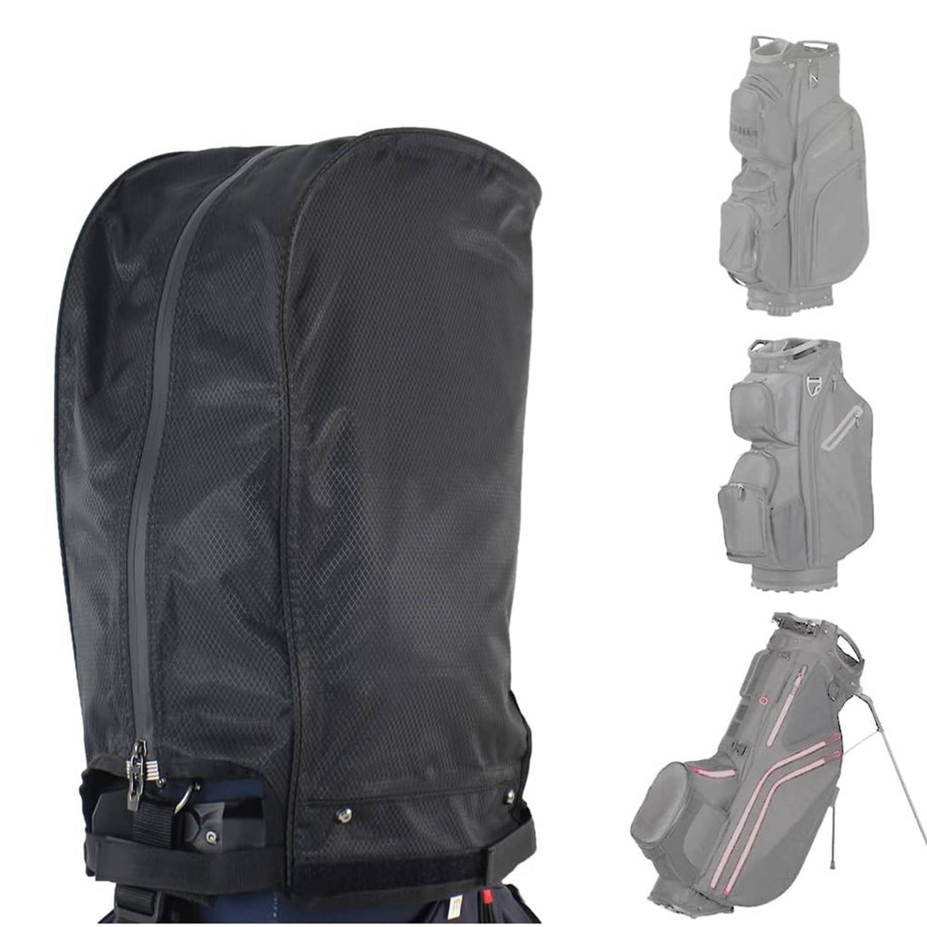 Black waterproof golf bag rain cover with front zipper and adjustable straps