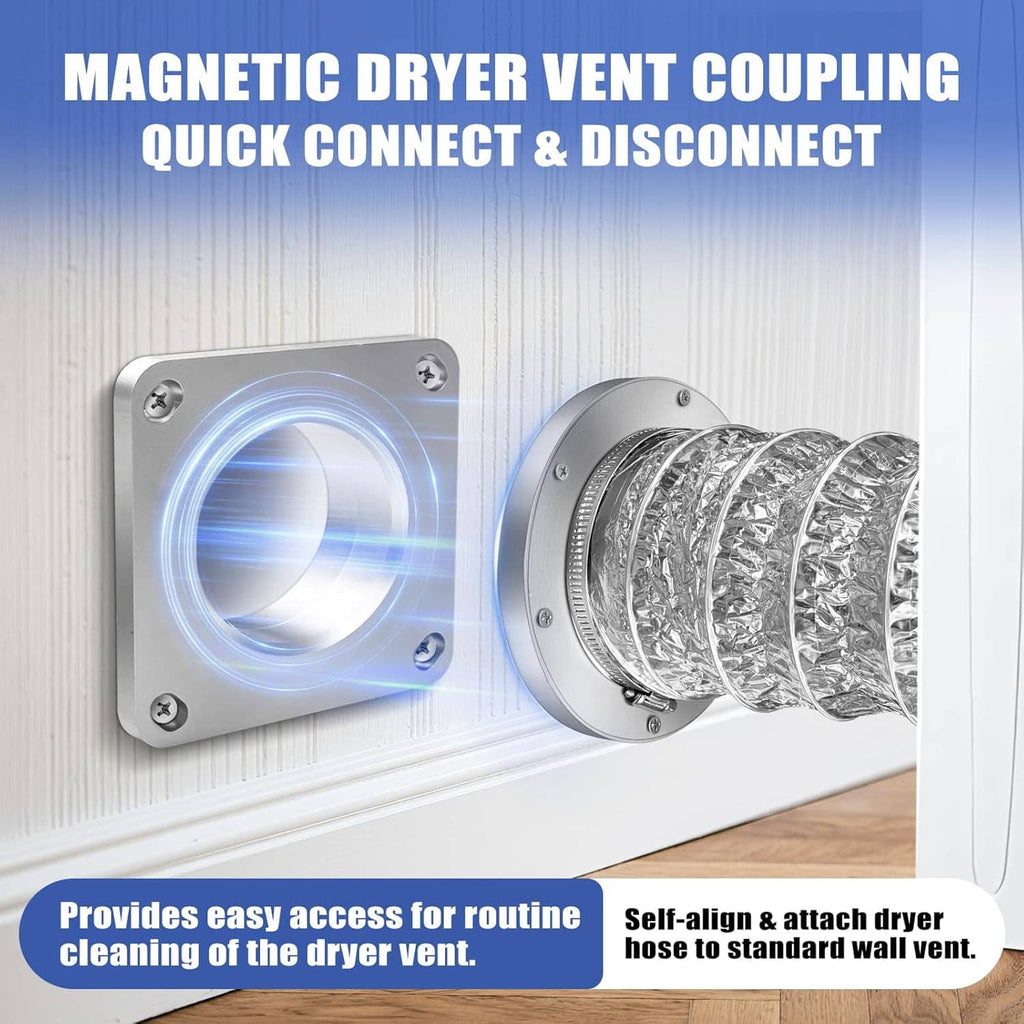 Magnetic dryer vent coupling with wall plate connected to crimped foil dryer hose