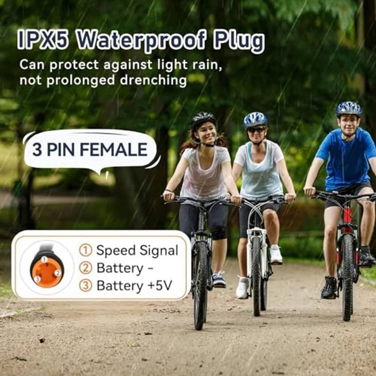 Black waterproof throttle grip with attached cable and 3-pin female plug.
