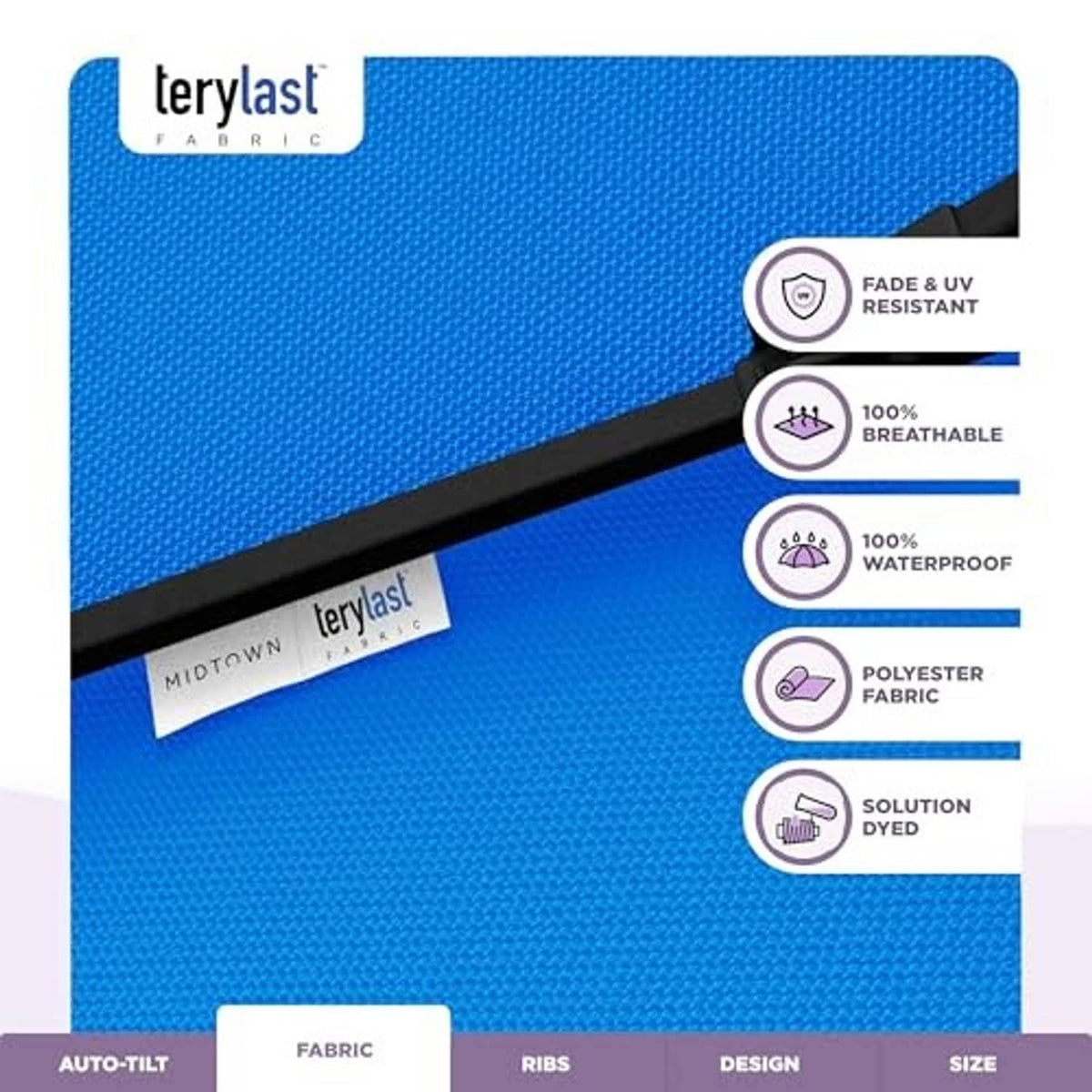 Terylast cobalt blue umbrella fabric with fade, UV resistance, waterproof, breathable badges