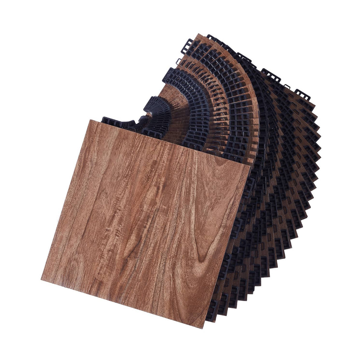 Brown wood-grain interlocking floor puzzle tiles stacked with black backing