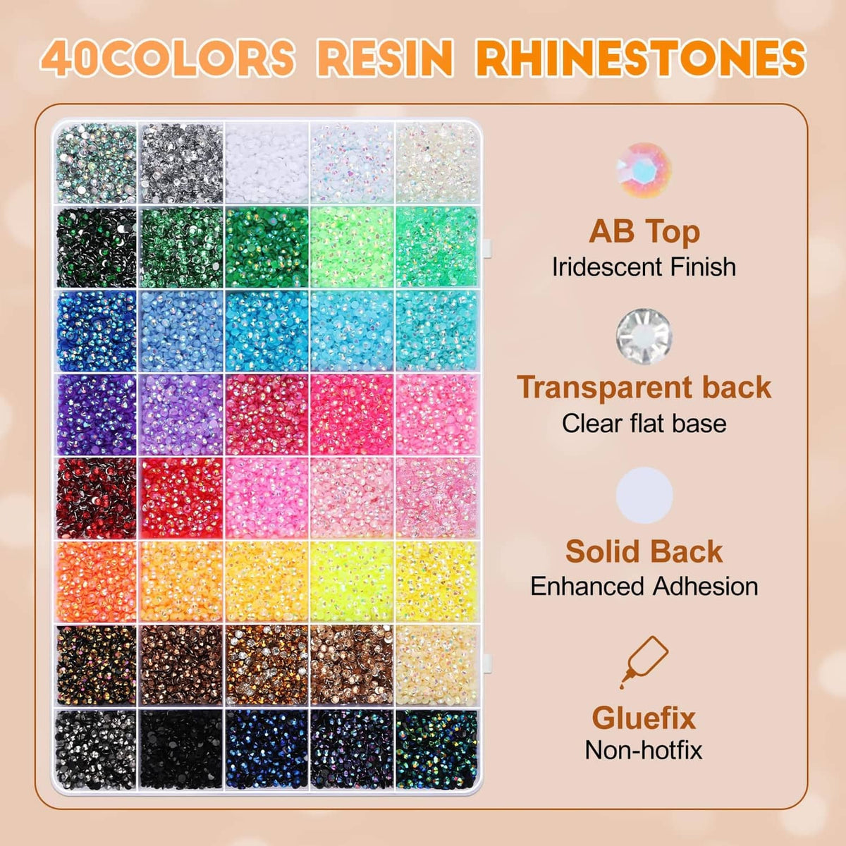 Assorted resin rhinestones set in multiple colors with AB top and flat back styles