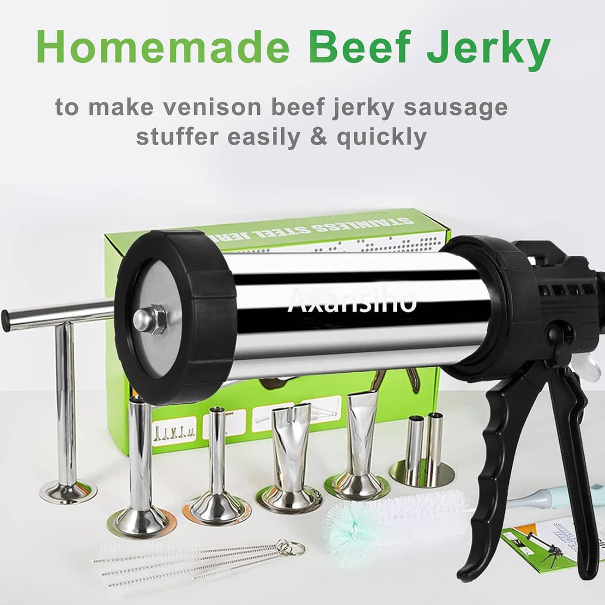 Stainless steel jerky cannon maker with black handle and five funnel-shaped nozzles