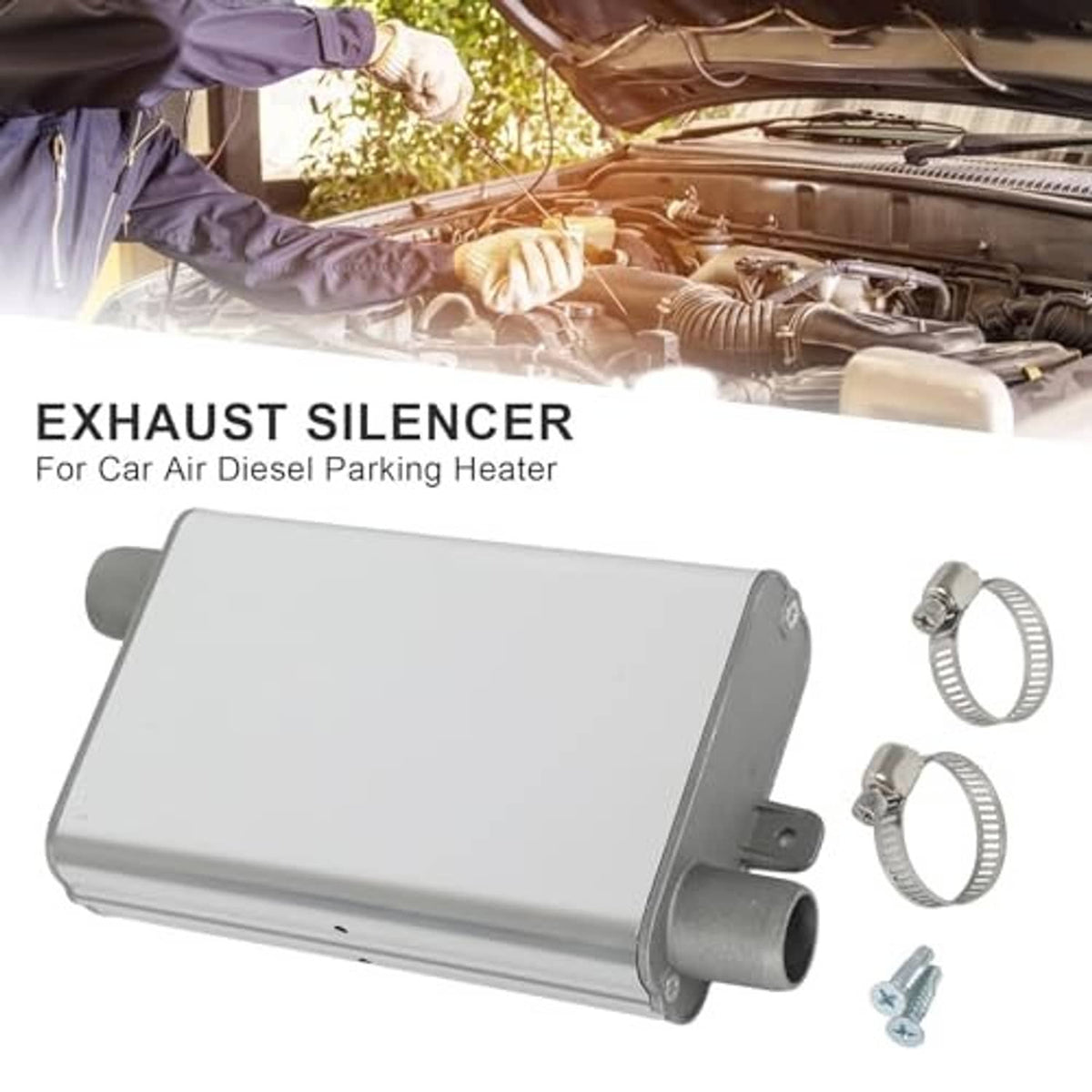 Silver exhaust muffler silencer box with outlet pipe, two hose clamps and screw
