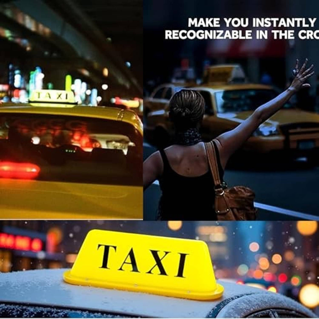 Illuminated yellow TAXI roof sign light mounted on car roof