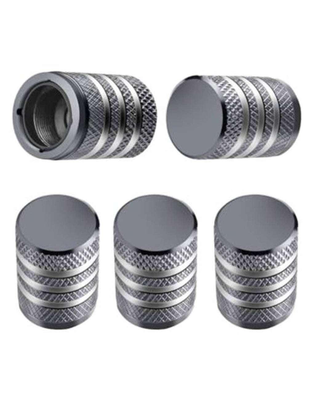 Grey metal tire valve caps with textured bands and flat top cover, 5-pack set
