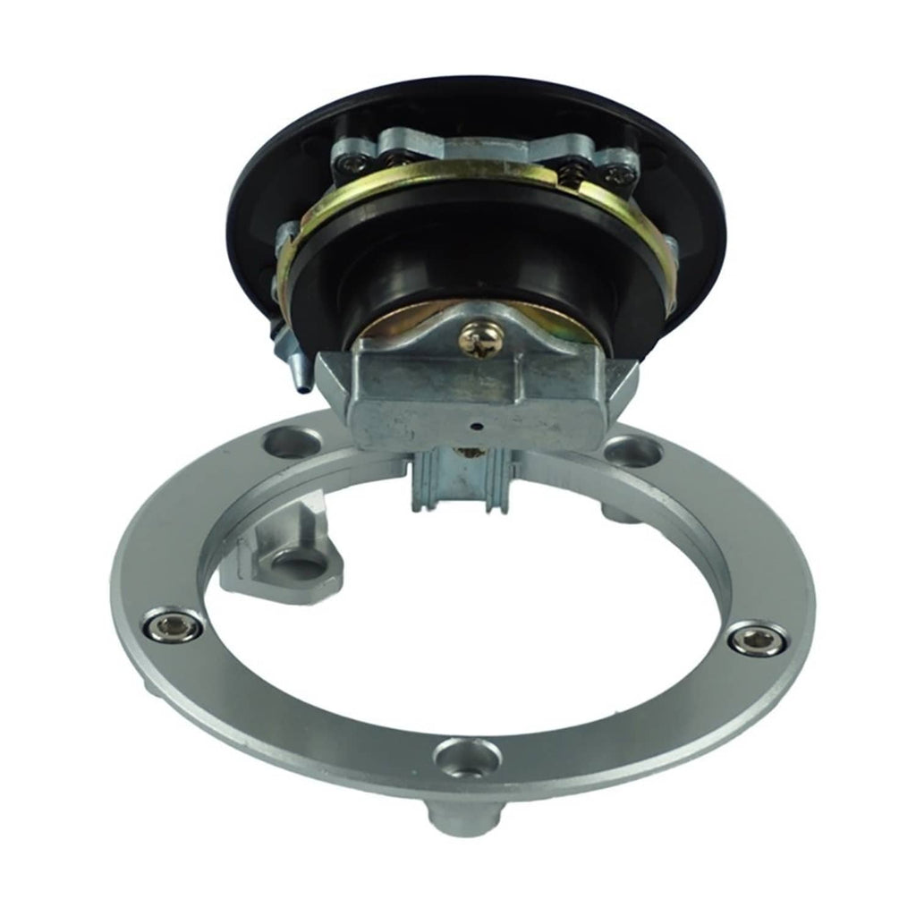 Fuel tank gas cap lock, underside with gasket ring and metal locking bracket