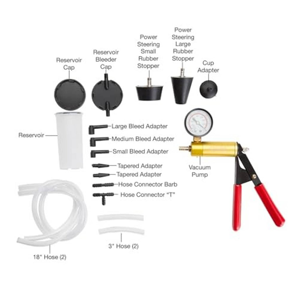 Brake bleeder kit components laid out: vacuum pump, gauge, adapters, hoses, cups