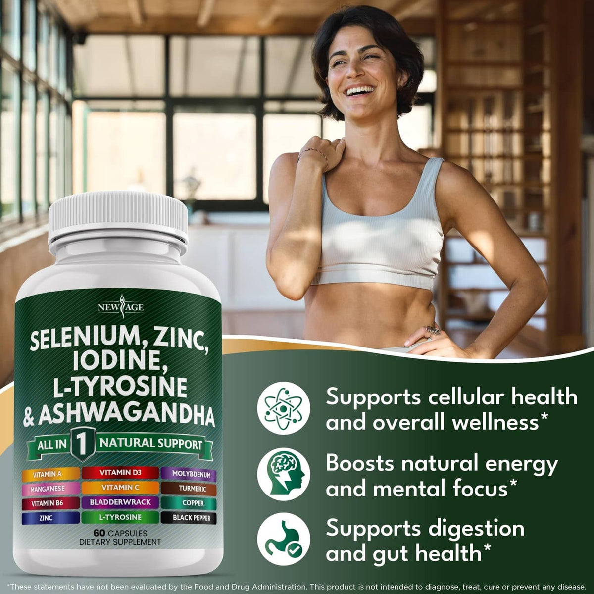 Dietary supplement bottle with green label: Selenium, Zinc, Iodine, L-Tyrosine & Ashwagandha