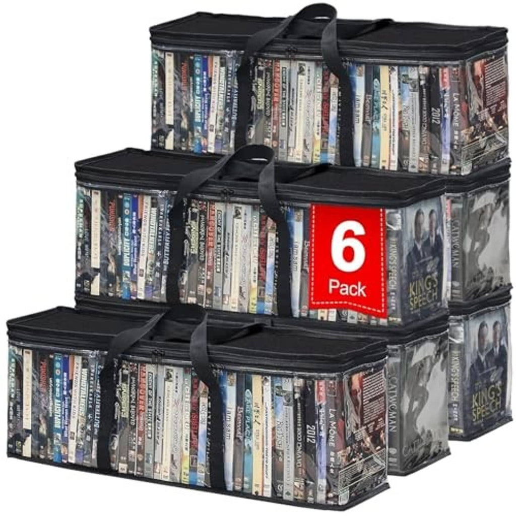Stacked clear-window DVD storage bags with black zipper tops, carry handles, red 6 pack label