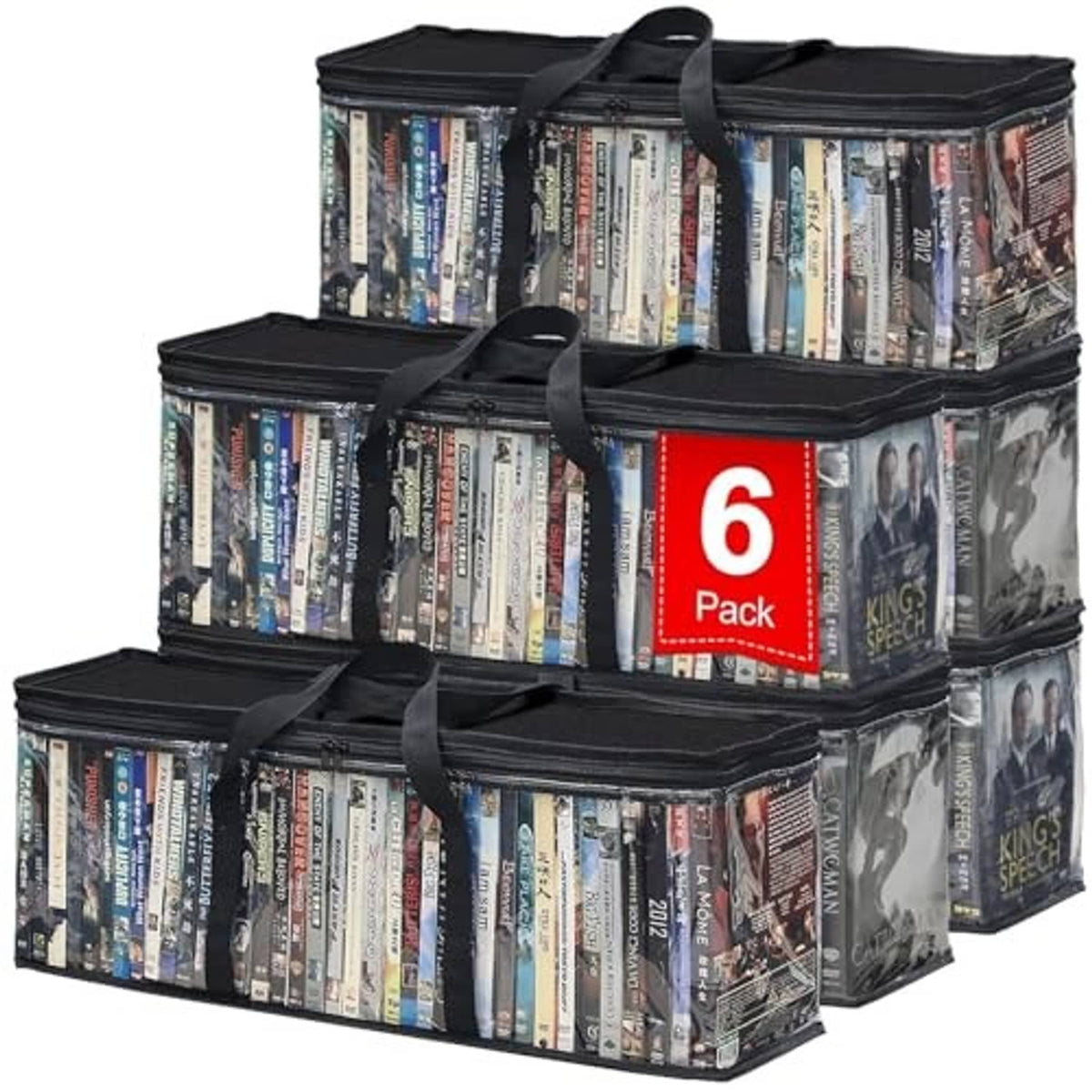 Stacked clear-window DVD storage bags with black zipper tops, carry handles, red 6 pack label