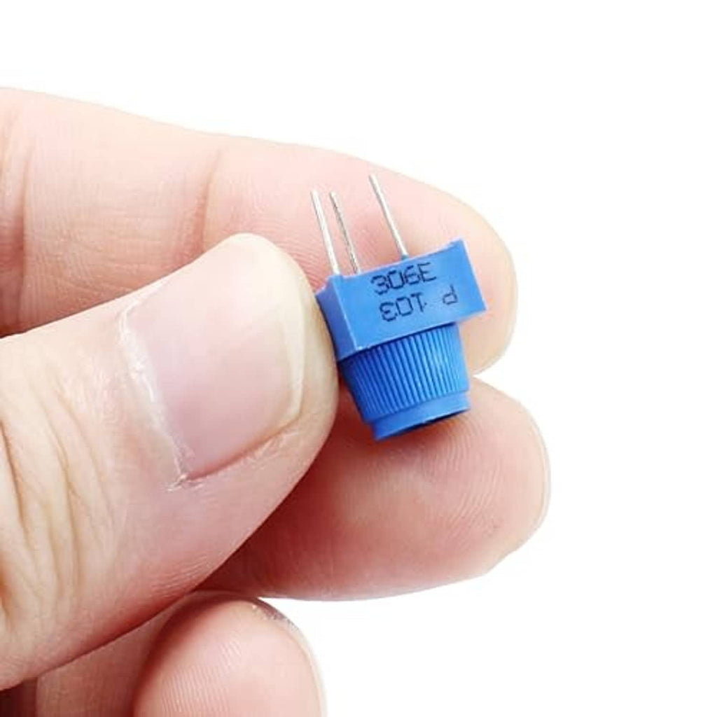 Blue trim potentiometer with printed resistance marking and 3-pin leads