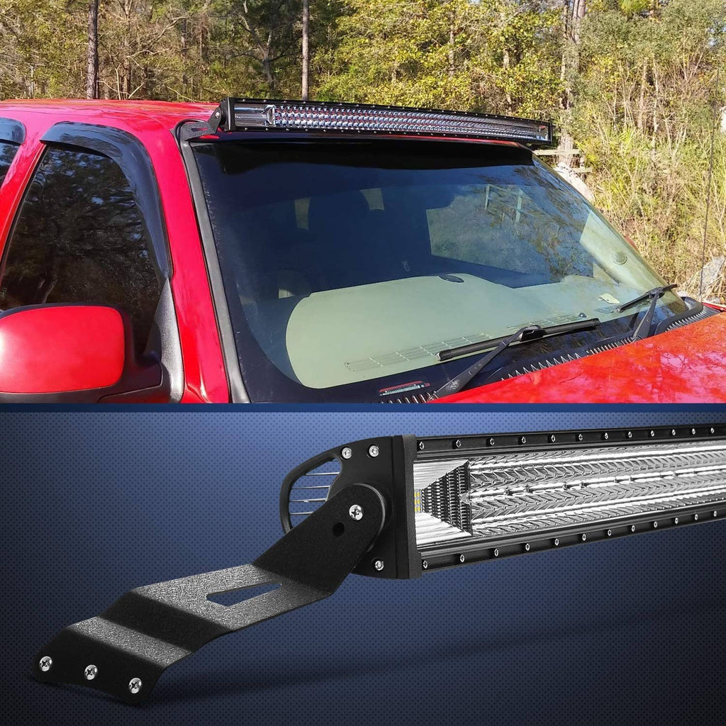 LED light bar and curved black mounting bracket with bolt holes and side plates