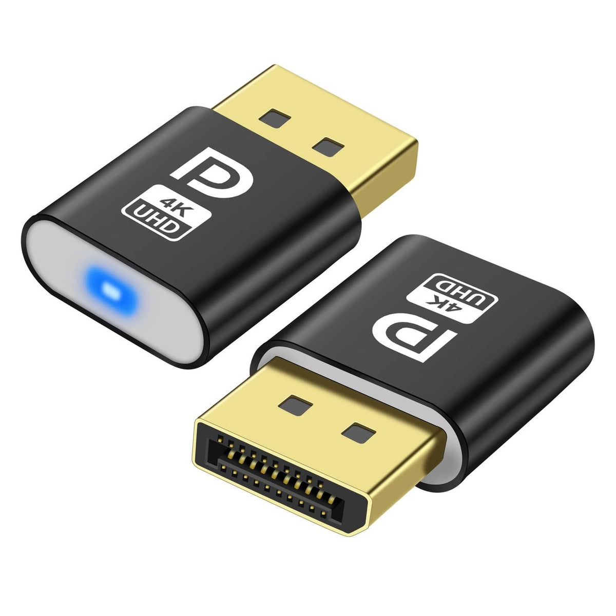 DisplayPort headless ghost emulator adapter, black with gold DisplayPort plug and blue LED