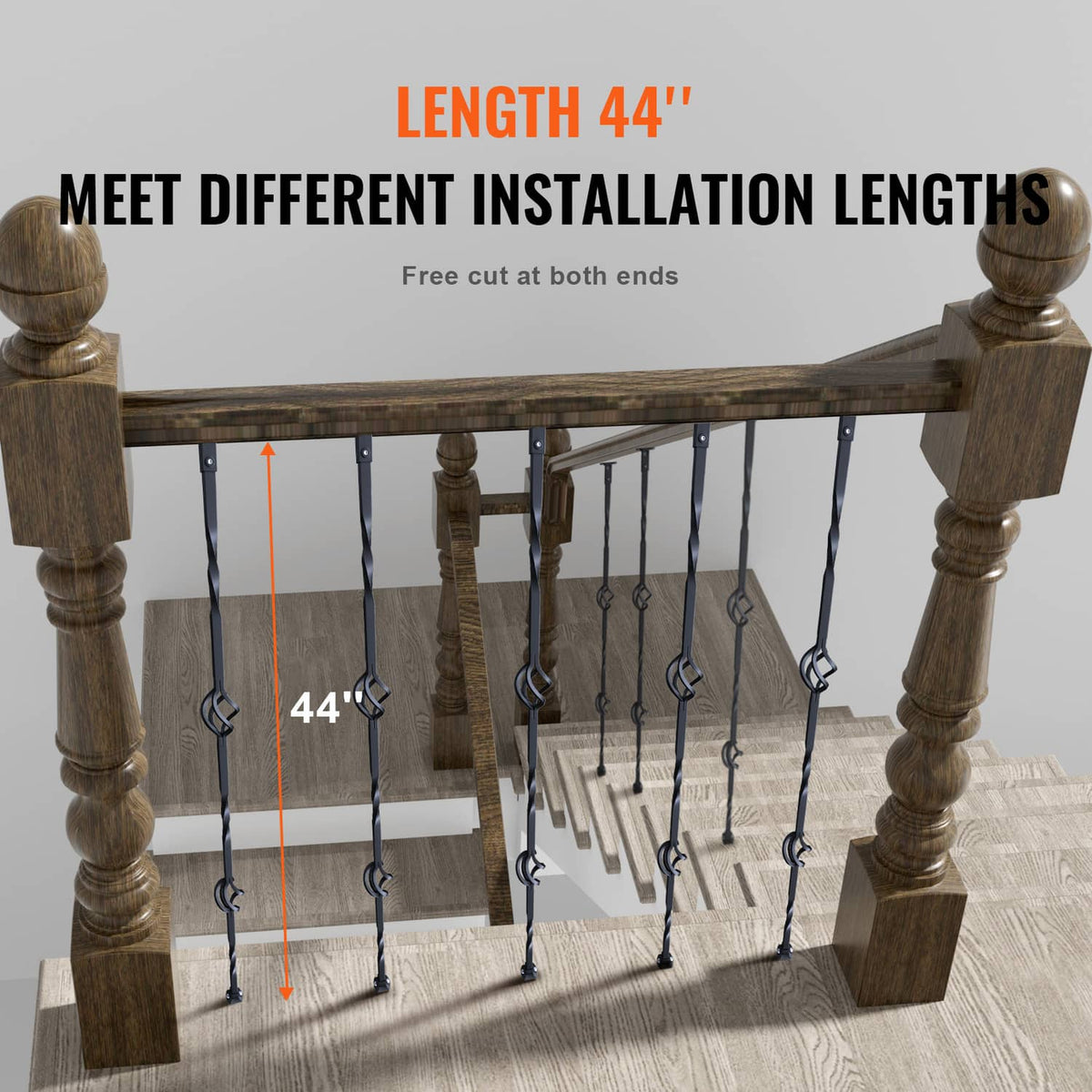 Black steel deck balusters with double-basket links, shown across a 44 in railing run