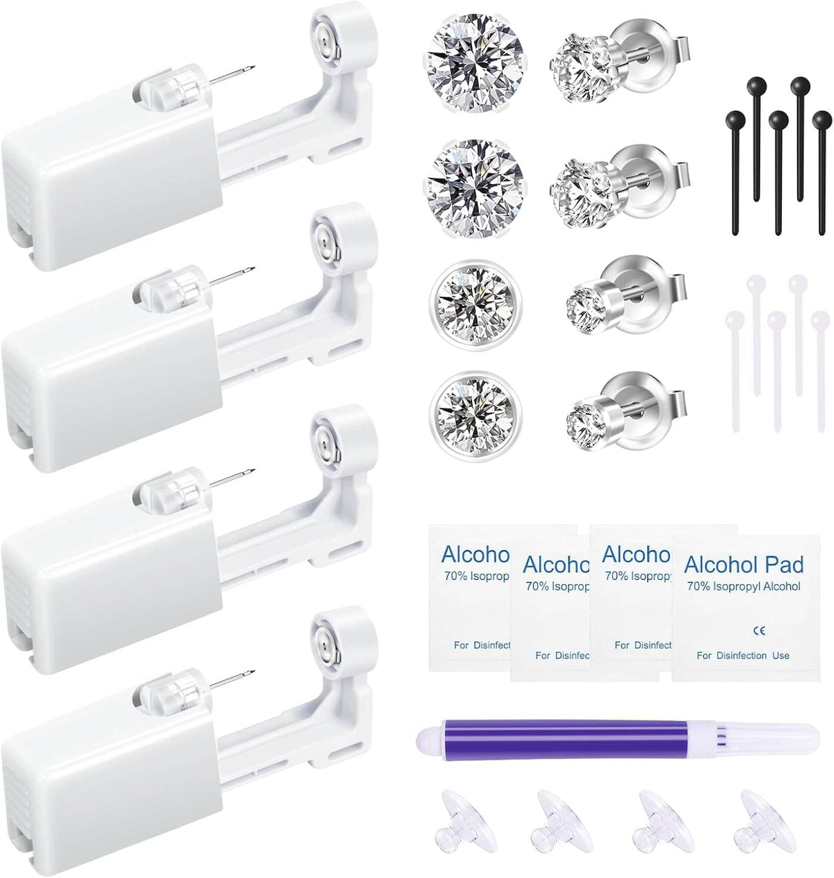 Ear piercing gun kit components: loaded gun, stud earrings, alcohol pads, marker pen, needles
