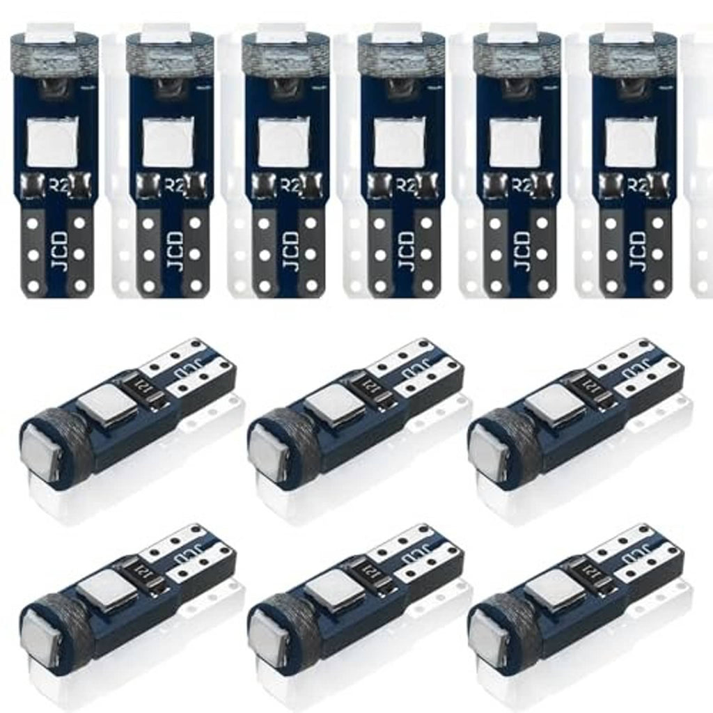 Pack of 12 T5 LED dashboard bulbs, blue PCB with white LED caps, front and angled views