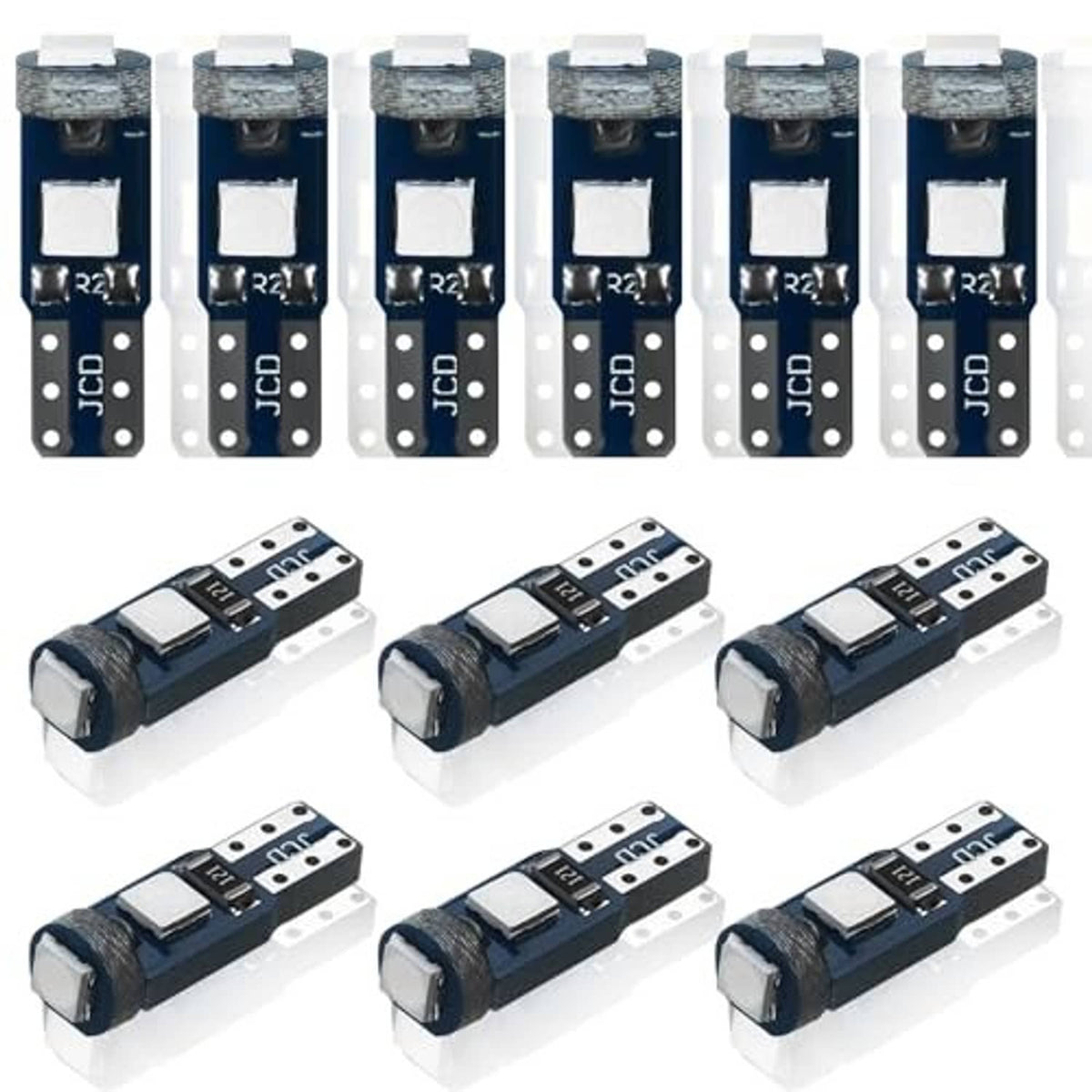 Pack of 12 T5 LED dashboard bulbs, blue PCB with white LED caps, front and angled views