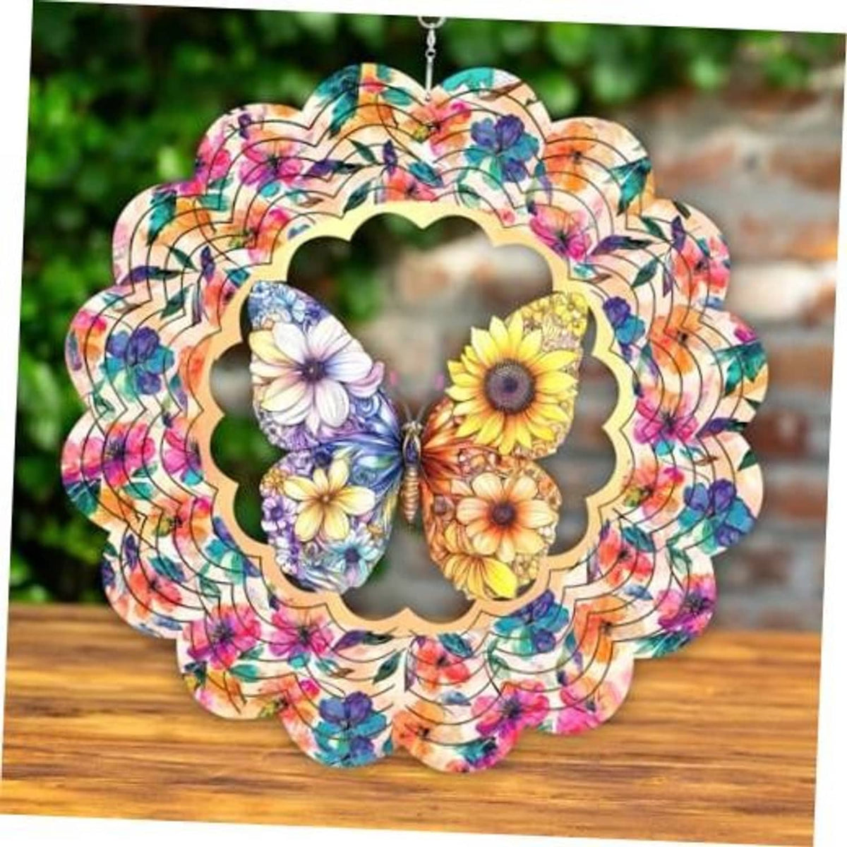Colorful 3D kinetic wind spinner with butterfly and floral art, hanging