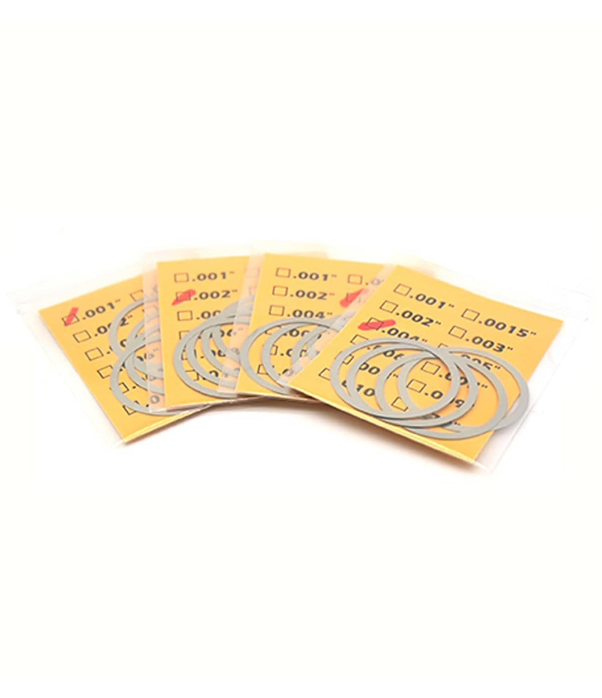Barrel nut shim kit blister packs with nested gray metal ring shims