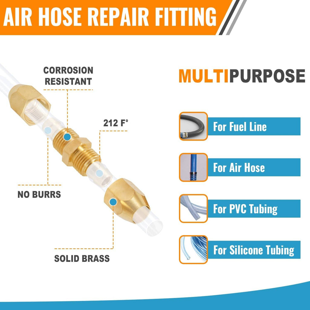 Brass air hose repair fitting with barbs and threaded coupler sections