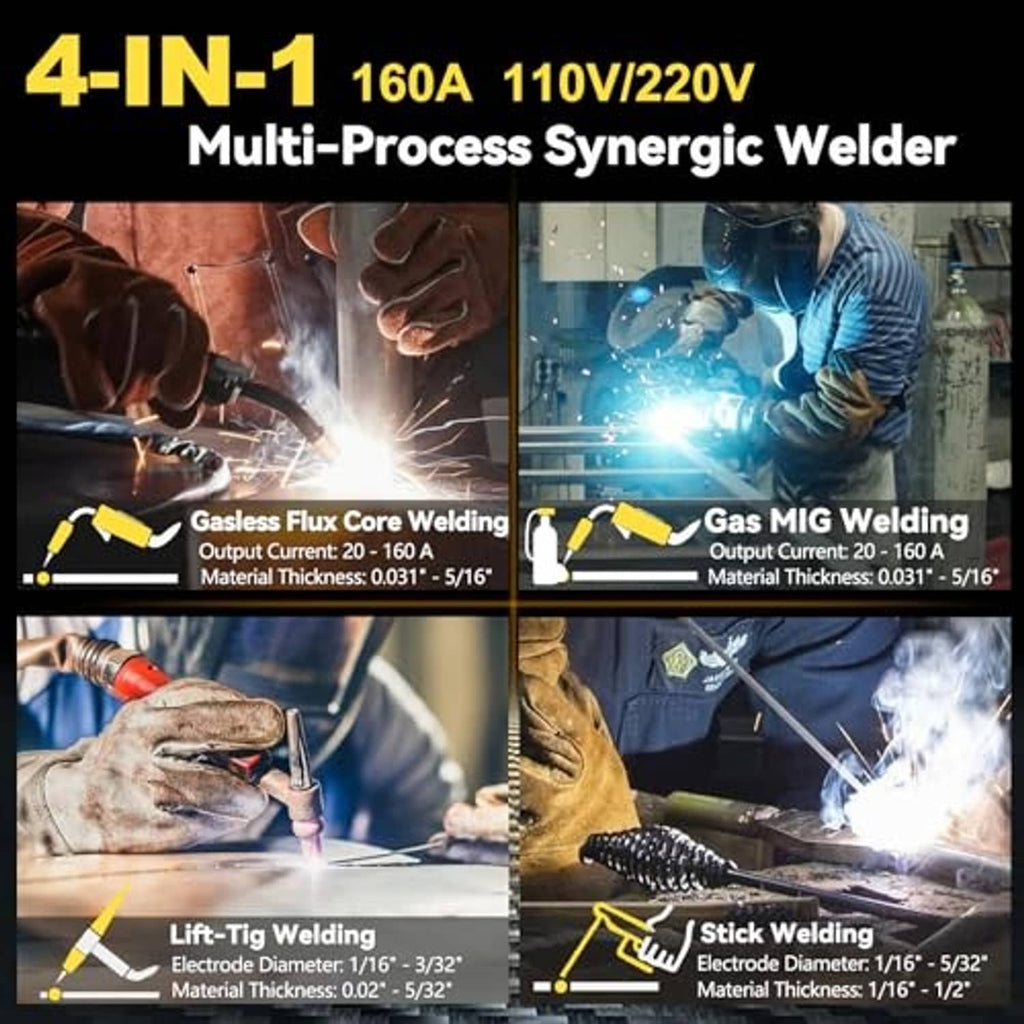 Yellow multi-process synergic welder with images of MIG, flux, and stick welding modes