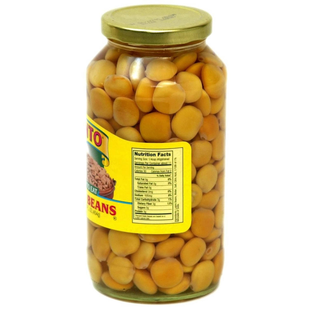 Cento lupini beans jar with nutrition facts label, green lid