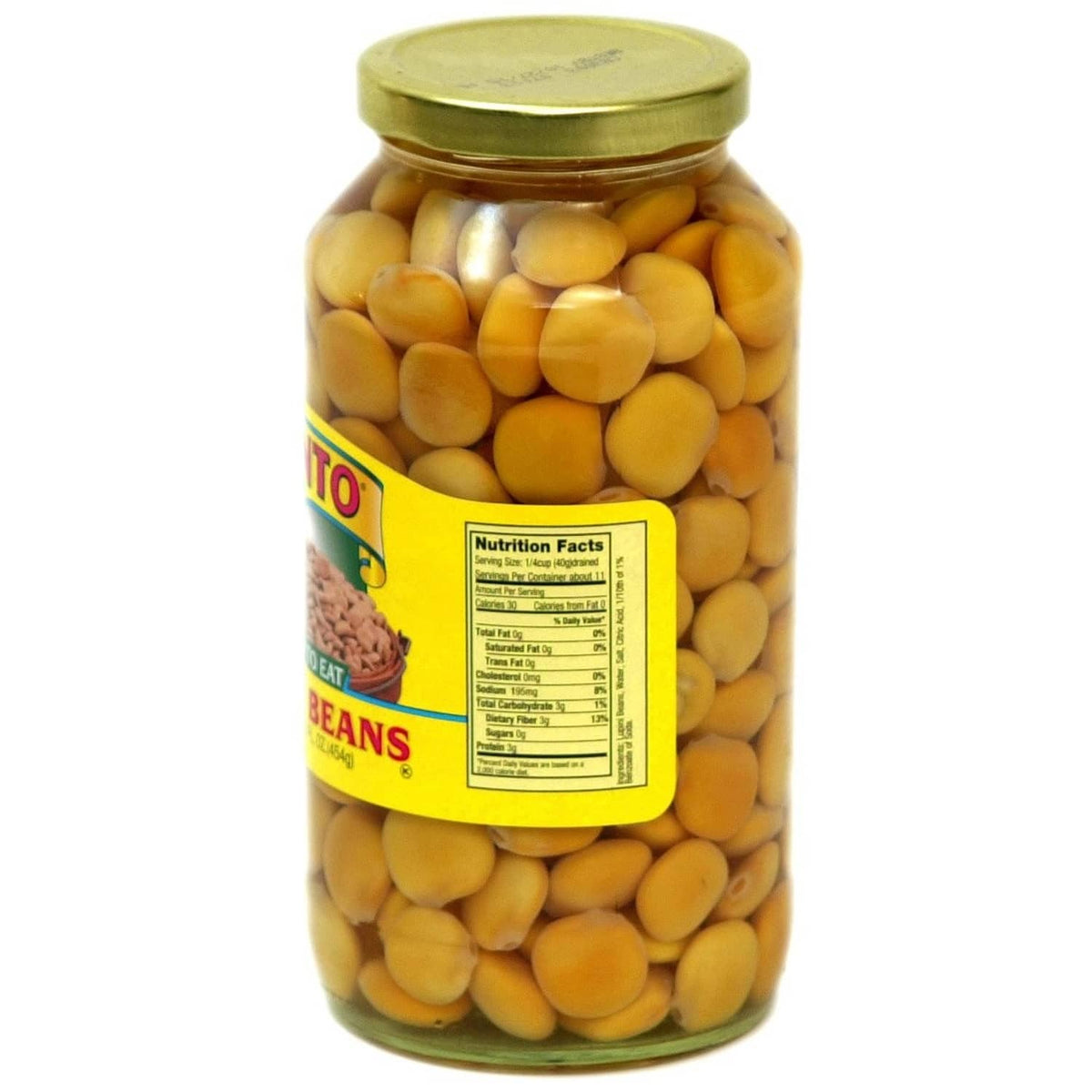 Cento lupini beans jar with nutrition facts label, green lid