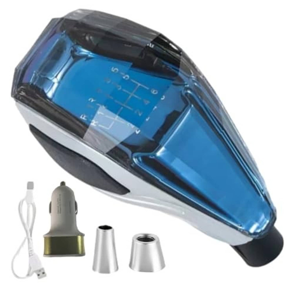 Blue illuminated touch gear shift knob with numbered 1–6 markings on the panel